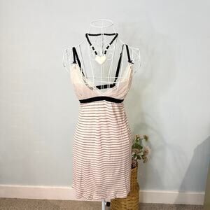 Cute pink babydoll bow mini slip dress with delicate stripes and lace details